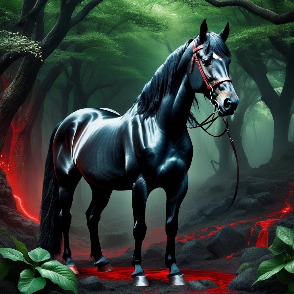  a black horse with blood red eyes and a emerald snake in a dark fantasy landscape photo realistic, highly intricate and detailed, masterpiece, ultra high res,photography,8k resolution