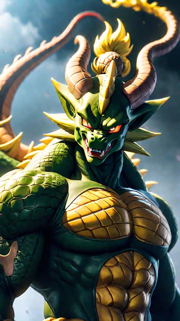  anime art: shenron from dragon ball reviving a character for the second time with a glowing aura. hyperrealistic, full body, detailed clothing, highly detailed, cinematic lighting, stunningly beautiful, intricate, sharp focus, f/1. 8, 85mm, (centered image composition), (professionally color graded), ((bright soft diffused light)), volumetric fog, trending on instagram, trending on tumblr, HDR 4K, 8K