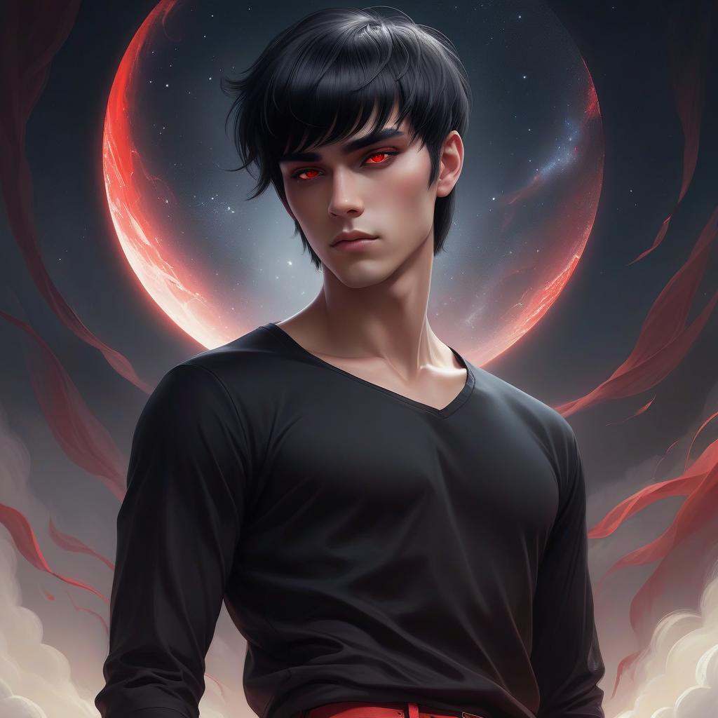  ethereal fantasy concept art of a guy with bangs combed back, short black hair, red eyes, dressed in black pants and a black t shirt . magnificent, celestial, ethereal, painterly, epic, majestic, magical, fantasy art, cover art, dreamy