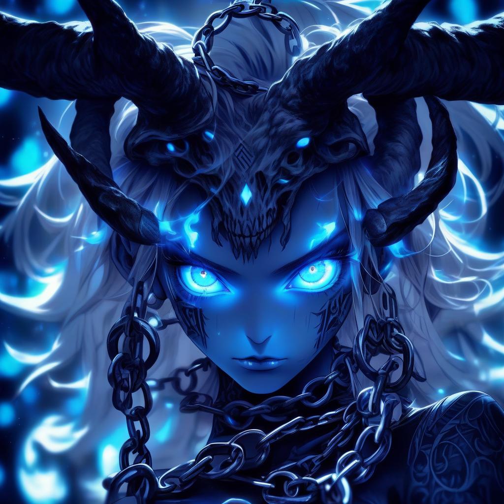  a with blue eyes and a chain around her neck, anime nature wallpap, demon white horns, spiritual eerie creepy picture, there is a glow coming from her, discord profile picture, benevolent android necromancer, f 2, dormant in , #, defence, pfp, beautiful blue glowing eyes