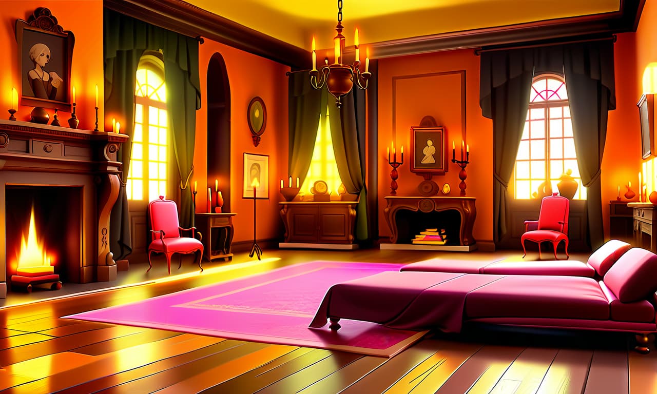  kawaii style "furnished room of the family castle, parquet floor, on the walls of the room of the picture, in the background one fireplace, a few candles illuminate the room, lighting only from candles and fireplace, in the room dimness, shadows, reflections in the parquet" . cute, adorable, brightly colored, cheerful, anime influence, highly detailed, on parchment, oil painting, glowneon