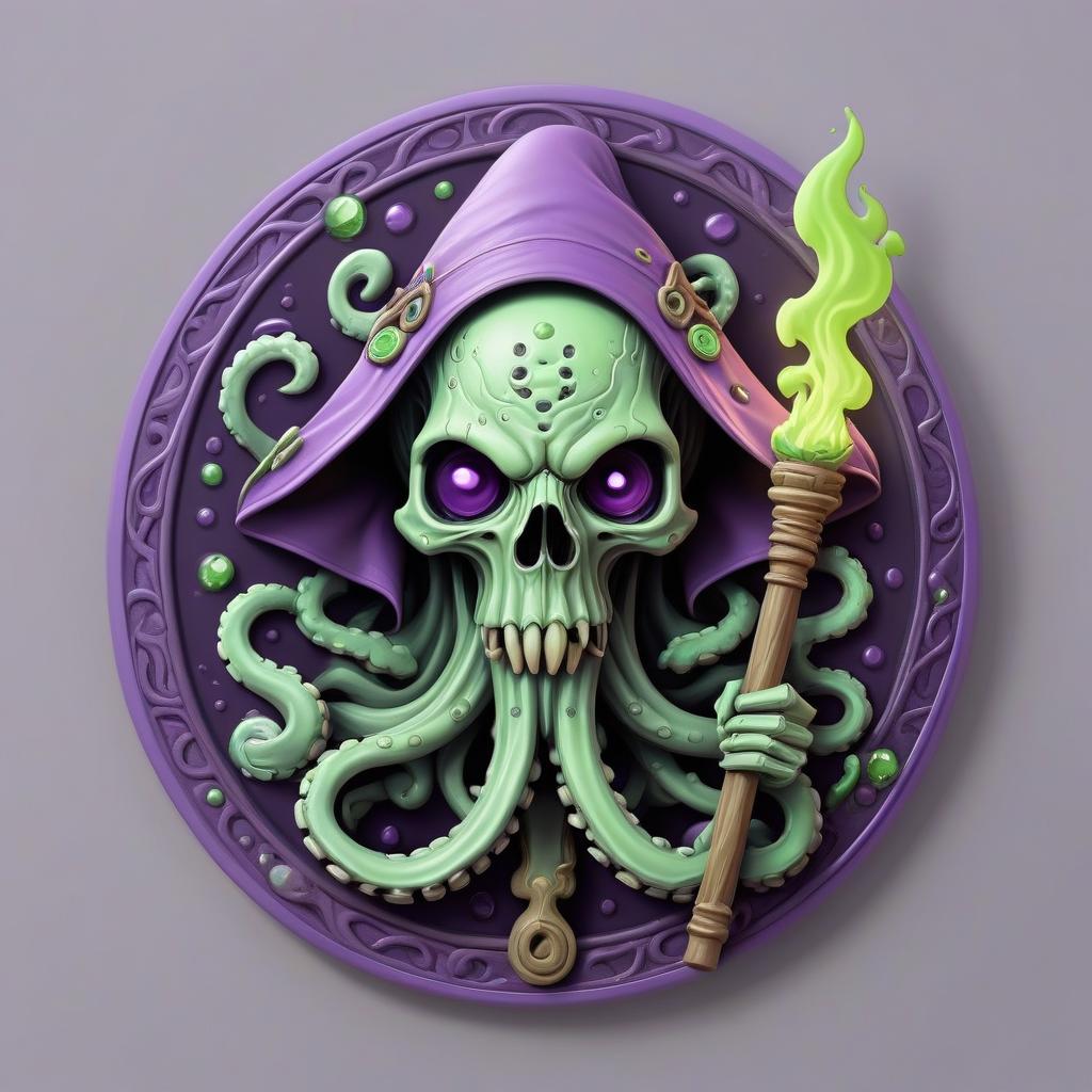  lovecraftian horror violet warlock, weird staff, cursed rod, green fire, tentacles, skulls, witch, rpg class minimal badge . eldritch, cosmic horror, unknown, mysterious, surreal, highly detailed, sticker