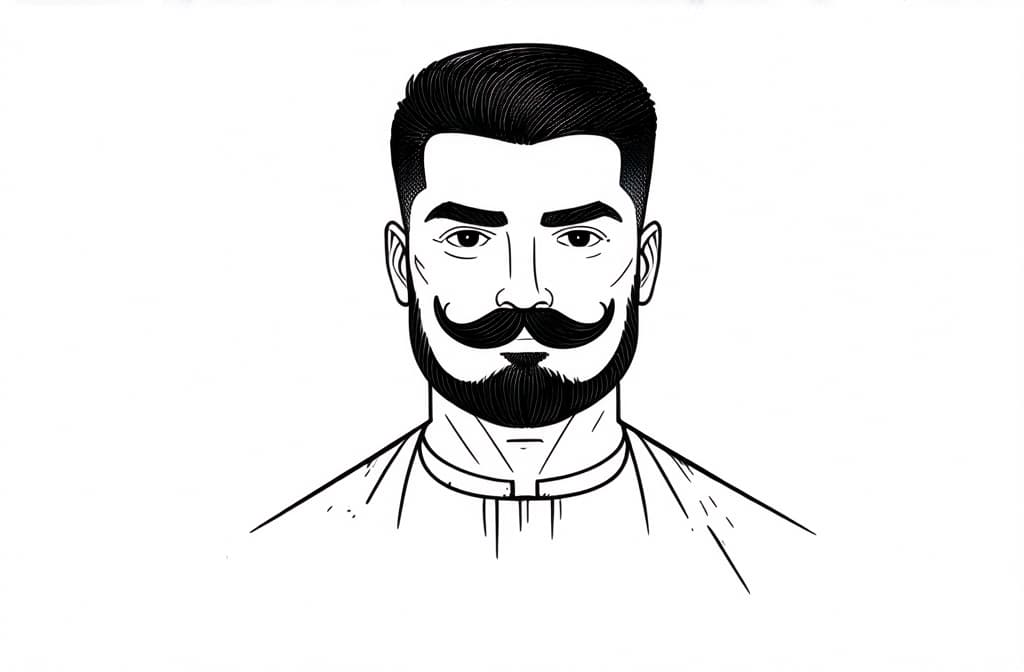  contour, very simple image in one unbroken black ink line, single line of vintage male barber with stylish moustache, retro style engraving illustration on white background ar 3:2 using a single continuous black line ink brushon white background, drawing should be created without lifting the pen, recognizable features of vintage male barber with stylish moustache, retro style engraving illustration on white background ar 3:2 in one unbroken line