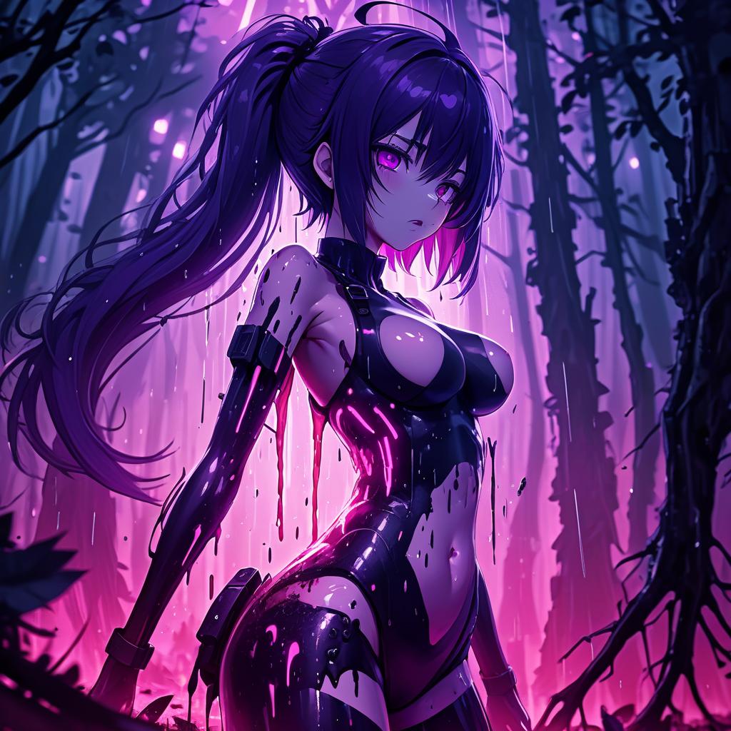  a woman standing in the middle of a forest, dark purple hair and cybernetics, nightcore, pink shadows, black goo, by maki haku, torrential rain of blood, sona, (art station), destruction around her, removed watermarks, halation, deep lighting