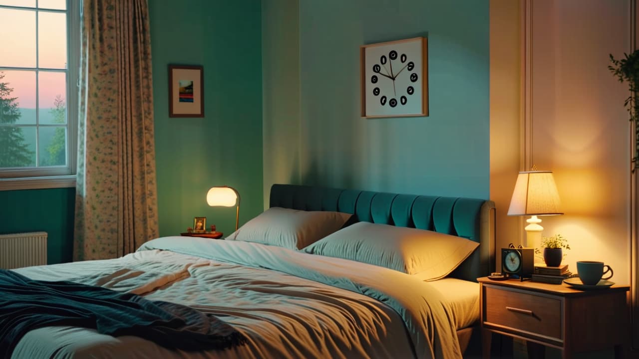  a serene bedroom at dawn, featuring a cluttered nightstand, an alarm clock flashing 6:00 am, a disheveled bed, and a half open curtain revealing a soft sunrise, evoking a sense of struggle and desire for routine. hyperrealistic, full body, detailed clothing, highly detailed, cinematic lighting, stunningly beautiful, intricate, sharp focus, f/1. 8, 85mm, (centered image composition), (professionally color graded), ((bright soft diffused light)), volumetric fog, trending on instagram, trending on tumblr, HDR 4K, 8K