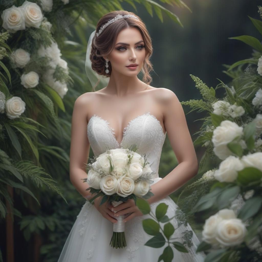  The bride is a beauty hyperrealistic, full body, detailed clothing, highly detailed, cinematic lighting, stunningly beautiful, intricate, sharp focus, f/1. 8, 85mm, (centered image composition), (professionally color graded), ((bright soft diffused light)), volumetric fog, trending on instagram, trending on tumblr, HDR 4K, 8K