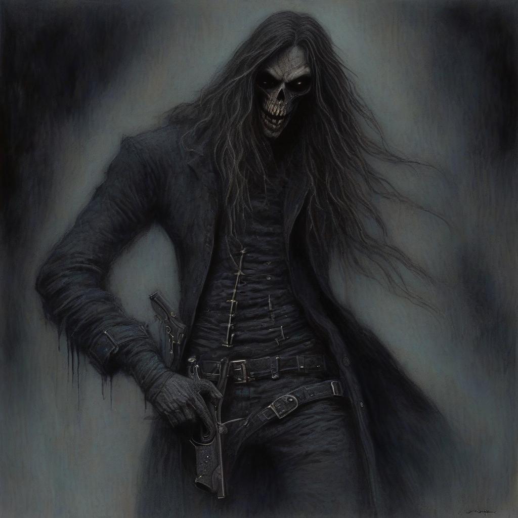  macabre style a thief with long hair below his back with a wick gun in his hand, full height. . dark, gothic, grim, haunting, highly detailed, perfect hands, perfecteyes