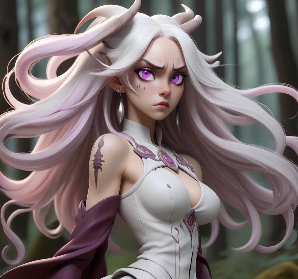  anime artwork portrait on the shoulders. woman tifling fabulous creature white long hair with pale pink strands collected in the tail, burgundy skin, pointed ears with piercing, iris eyes purple white eyes black, long swirling gray horns up, scar on the lip, clothing druids. forest area in the background. . anime style, key visual, vibrant, studio anime, highly detailed