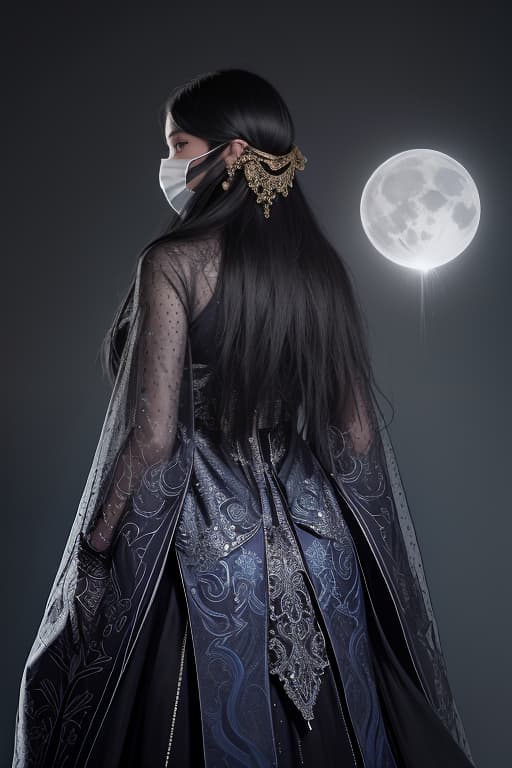  depicts a mysterious young woman with an enigmatic expression, shrouded in shadow, wearing an exquisite, darkly decorated mask that covers her face, intricately carved and dotted with delicate silver and gold. her jet black long hair flows down her back like a waterfall in the night. her skin has a honey pink tint, high cheekbones, and a surreal, surreal aura. contrasted with a gradient of dark backgrounds that change from dark blue to jet black, she creates a mysterious and suspicious feeling, with the moonlight gently streaming down her mask and hair, and delicate silver lace patterns woven into the fabric of her flowing, dark dress. , advertising photo,high quality, good proportion, masterpiece , the image is captured with an 8k camera