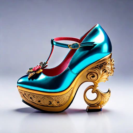  Create a photorealistic digital illustration of a women’s shoe with balanced parts, ornate soles, 8 centimetre height platform heel, and covered in soft, luxurious textured materials. The art style should blend elements of Irregular Choice and Osamu Tezuka hyperrealistic, full body, detailed clothing, highly detailed, cinematic lighting, stunningly beautiful, intricate, sharp focus, f/1. 8, 85mm, (centered image composition), (professionally color graded), ((bright soft diffused light)), volumetric fog, trending on instagram, trending on tumblr, HDR 4K, 8K