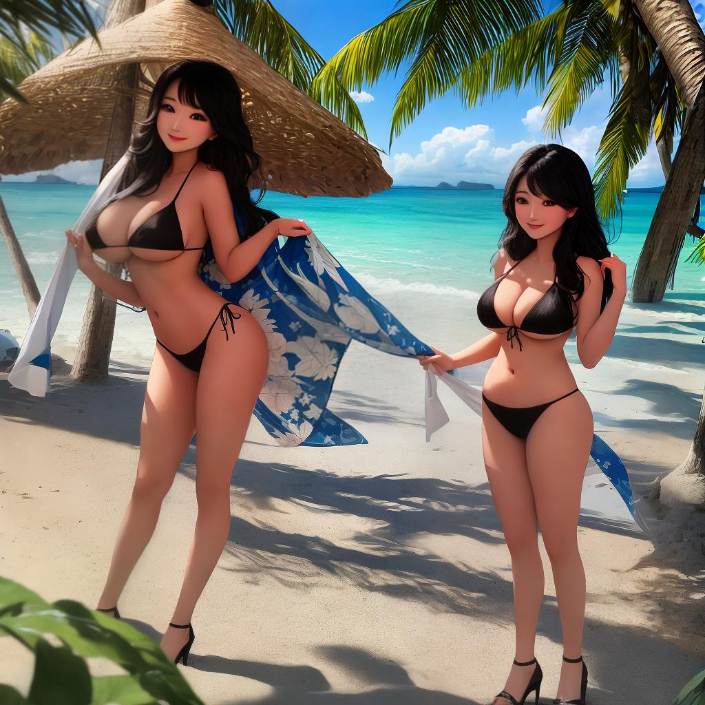  masterpiece, best quality, create a pretty filipina woman in bikini suit with big boobs, long black hair standing confidently with a warm smile in a scenic outdoor beach setting