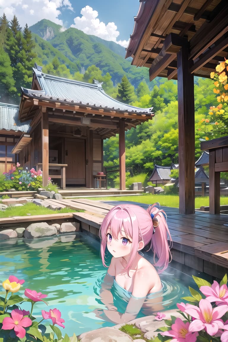  r 18, , middle , ,random situation, pink haired ,ponytail,large eyes,at the hot springs. BREAK holds a small towel, strategically covering their bodies, with billowing clouds of steam swirling around them. The towels are vint, with patterns of flowers and birds. BREAK,Capture the scene from a low angle, emphasizing the women's relaxed poses, , and others leaning against the traditional wooden walls of the hot spring house. BREAK,The background is a beautiful, rustic hot spring resort, with wooden structures and natural surroundings, set in the tranquil mountains of Japan.