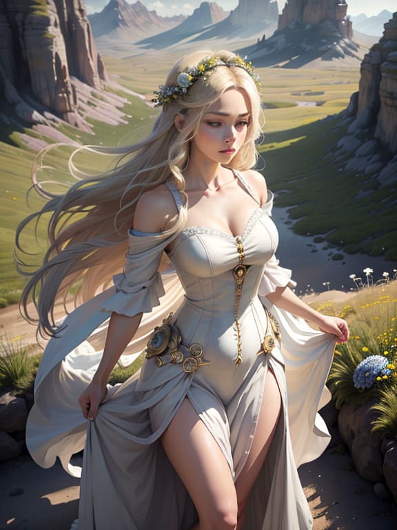  master piece, best quality, ultra detailed, highres, 4k.8k, blonde haired goddess, standing gracefully, exuding confidence, serene and enigmatic, break the goddess of freedom, meadow with blooming wildflowers, flowing gown, wreath of laurel, gentle breeze, sunshine, break tranquil and ethereal, soft glow, warm hues, and a sense of freedom, lunarpunkai