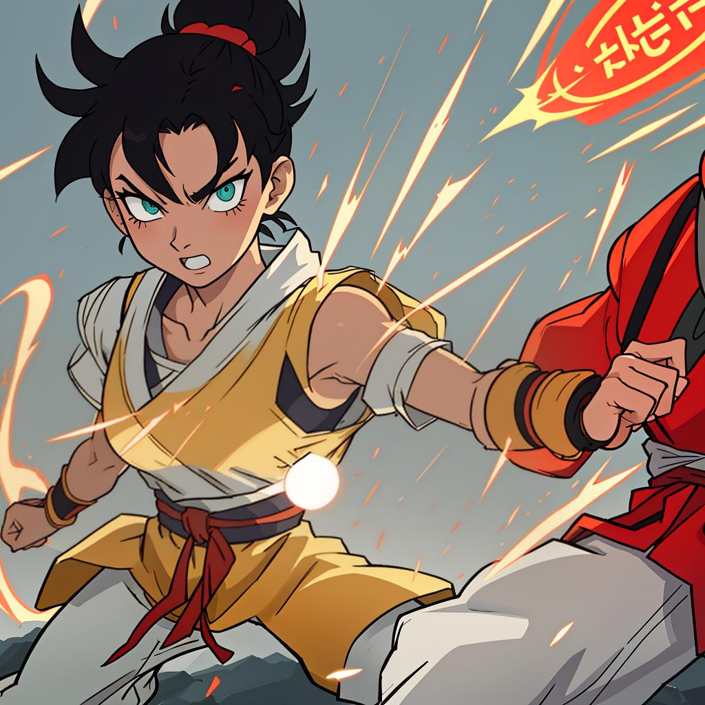  a warrior with spiky hair and a martial arts gi, in the energetic and exaggerated style of akira toriyama, with vibrant colors and dynamic action lines.close up of the face like a character card hyperrealistic, full body, detailed clothing, highly detailed, cinematic lighting, stunningly beautiful, intricate, sharp focus, f/1. 8, 85mm, (centered image composition), (professionally color graded), ((bright soft diffused light)), volumetric fog, trending on instagram, trending on tumblr, HDR 4K, 8K