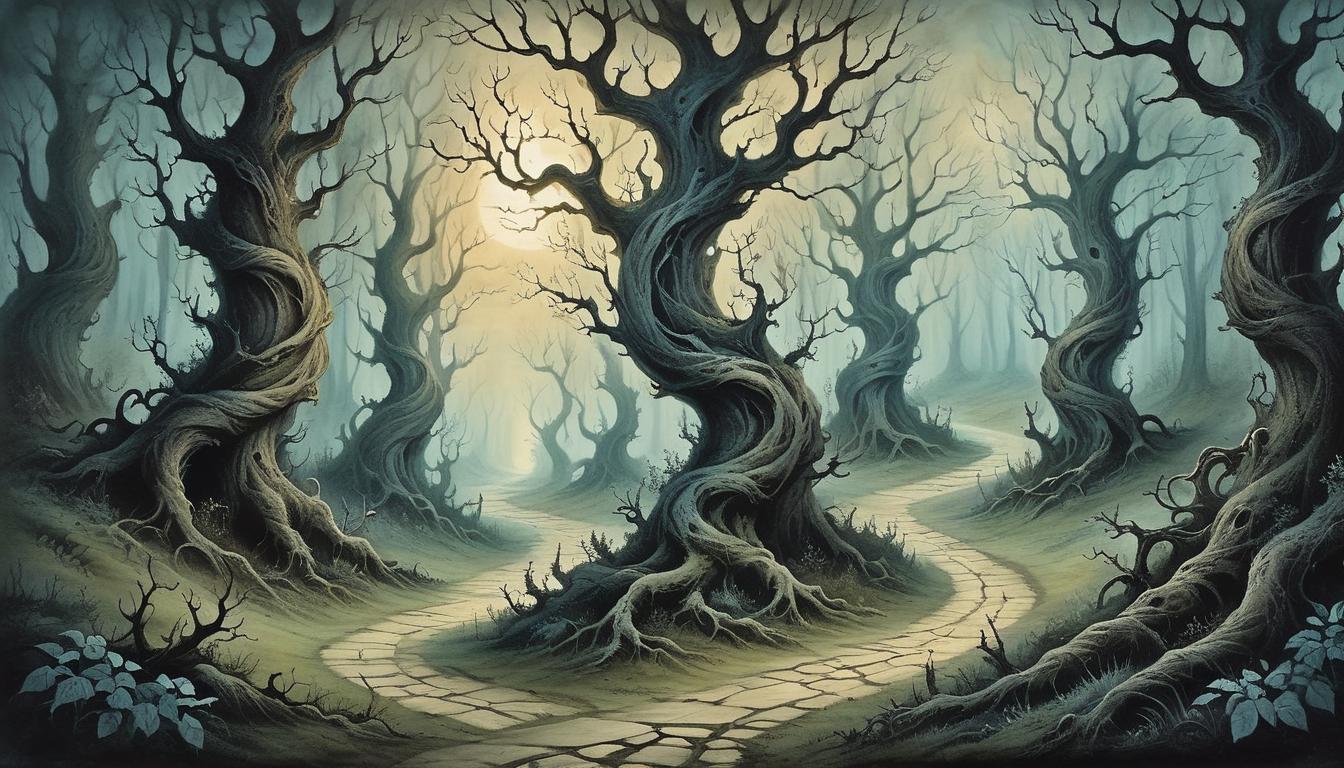  on parchment, surrealism+++, twisted forest path, gnarled trees, subtle glow from hidden sources, enigmatic, perplexing environment(mysterious, provocative, symbolic,muted color)+++