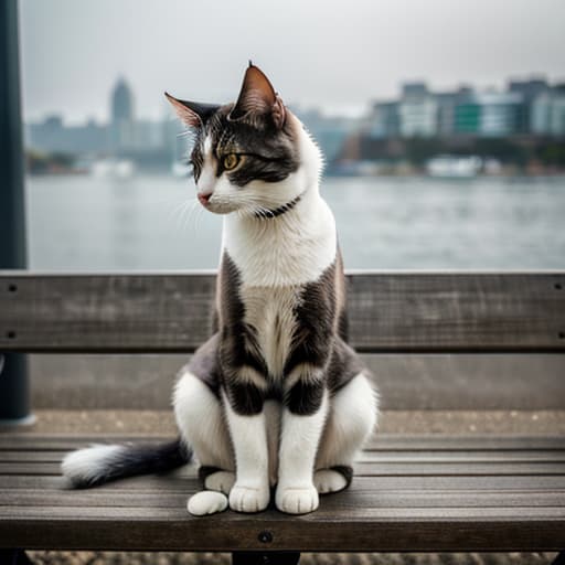  a cat sitting on a bench hyperrealistic, full body, detailed clothing, highly detailed, cinematic lighting, stunningly beautiful, intricate, sharp focus, f/1. 8, 85mm, (centered image composition), (professionally color graded), ((bright soft diffused light)), volumetric fog, trending on instagram, trending on tumblr, HDR 4K, 8K