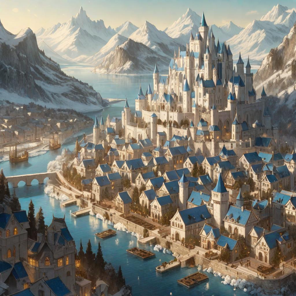  manga artwork city with a river and white houses and blue roofs, it has a big castle in a terrace and a great lake in the background, with icy moutains. anime rpg style . manga artist. manga, highly emotional. best quality, high resolution