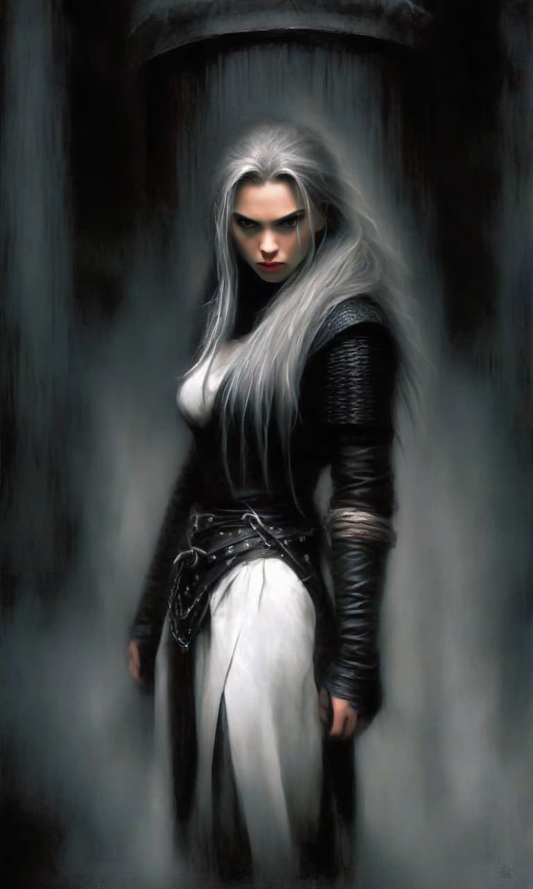  macabre style scarlett johansson in the form of a thief fighter with a sword in his hand, with white and black straight hair, in long white leather skirts and chain mail on a skirt and shoulders. full height. in a dark room with huge dark gray columns with spots. . dark, gothic, grim, haunting, highly detailed, perfecteyes, perfect hands