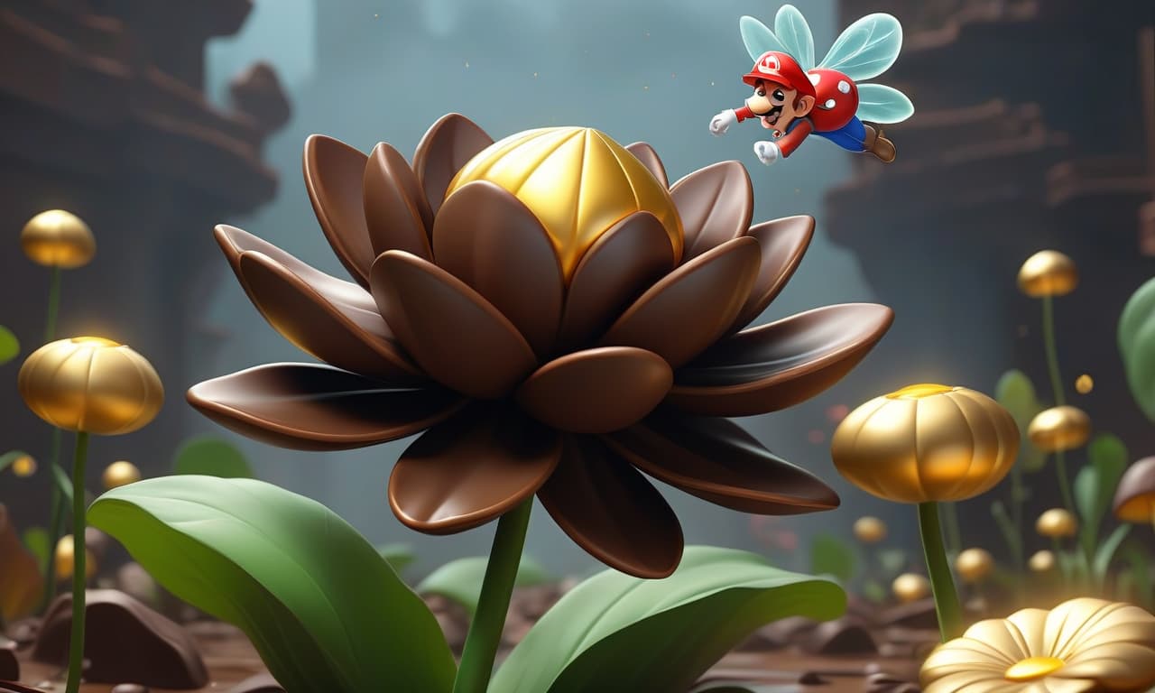  style super mario game realistic bright oil drawing 3 d a large magical flower made of chocolate, similar to a lotus, with large high petals of chocolate, magical fireflies fly around, gold bars lie nearby, a futuristic landscape around