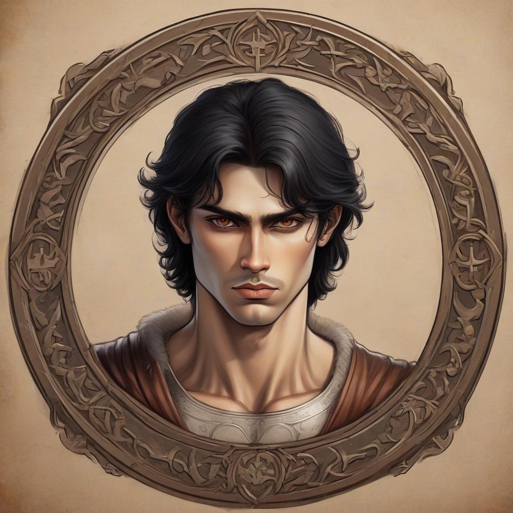  draw a guy with black hair long under a frame 19 years brown eyes light skin muscular in the middle ages style of drawing the face of an ordinary slavic chin round kinder