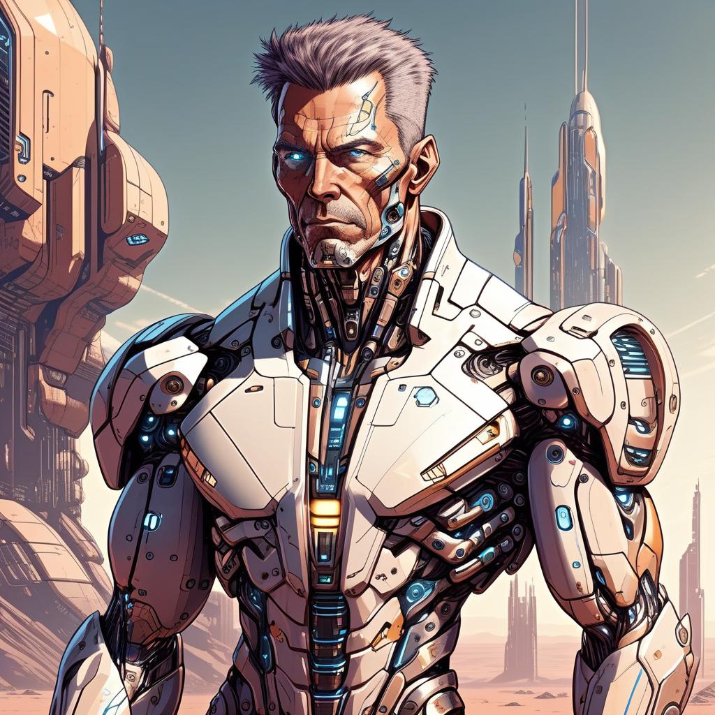  draw a male character of a man in years of strong build, a futuristic future, one hand cybernetic, the character lives on a distant colonized planet, a tracker