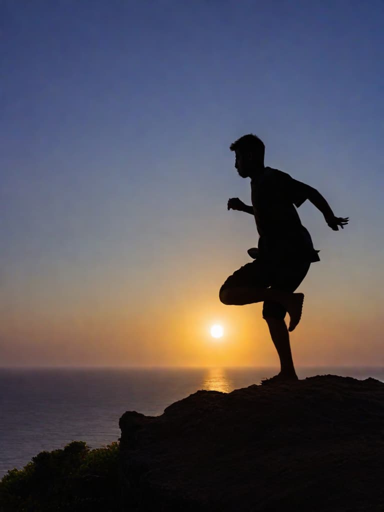  Close up of the silhouette of a man doing Thai Chi on a cliff overlooking the ocean with a sunrise in the background. RAW, realistic