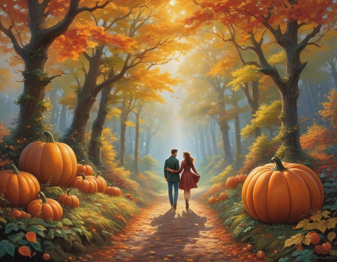  art nouveau style a realistic oil painting depicting two lovers walking hand in hand through an autumn forest surrounded by falling leaves and symbols of the season such as pumpkins, apples and acorns. inspired by the works of thomas kincaid and bob ross, this product conveys the warmth and beauty of autumn with its bright colors and intricate details. soft lighting, romantic atmosphere. . elegant, decorative, curvilinear forms, nature inspired, ornate, detailed