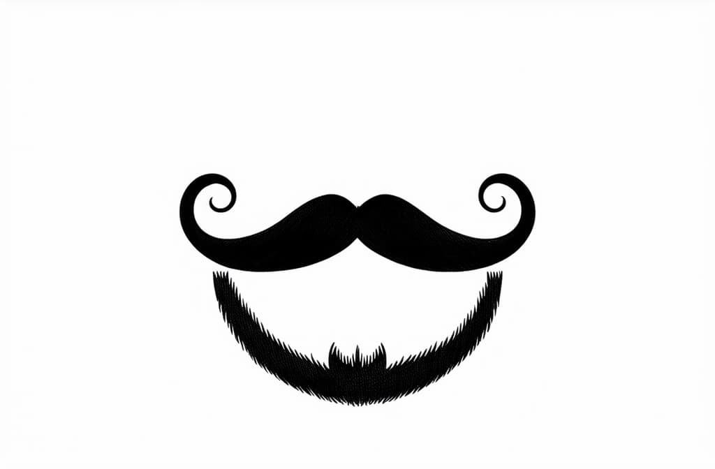  contour, very simple image in one unbroken black ink line, single line of moustache with beard, engraving illustration, icon isolated on white background ar 3:2 using a single continuous black line ink brushon white background, drawing should be created without lifting the pen, recognizable features of moustache with beard, engraving illustration, icon isolated on white background ar 3:2 in one unbroken line