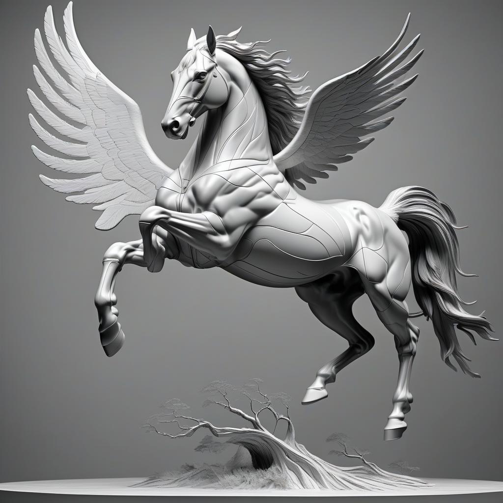  black and white 3d models. (pegasus by the river), dynamic pose, contrasting colors and lighting, high resolution, high detail, increased attention to detail. the whole body, in the style of a sketch on a wooden canvas, the whole body ((background with tree contours)), only contours and textures are used, the style of three dimensional wood carving, clear drawing of details, lines, panning, clear lines, background. white gray tones made in the style of a 3d model sketch