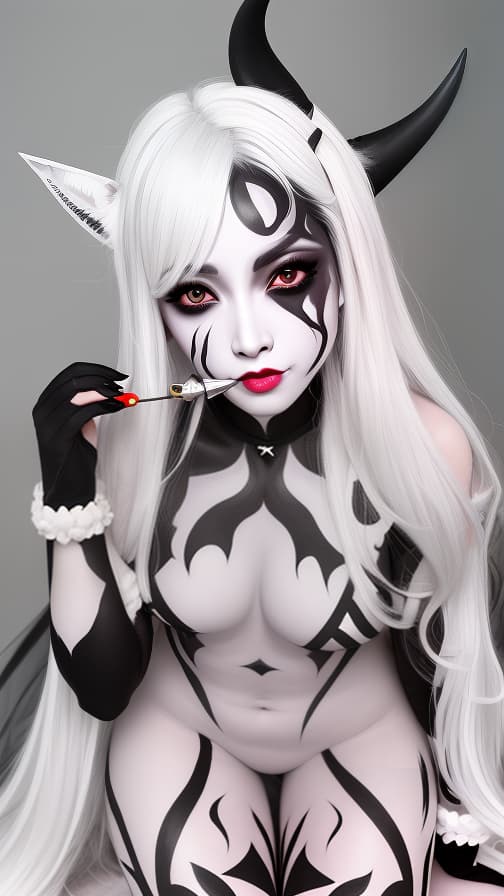  White bat pattern body paint in every corner of the body, Black body paint all over the body, Grey face paint on the face, Two dark elf sisters, full body image 女性