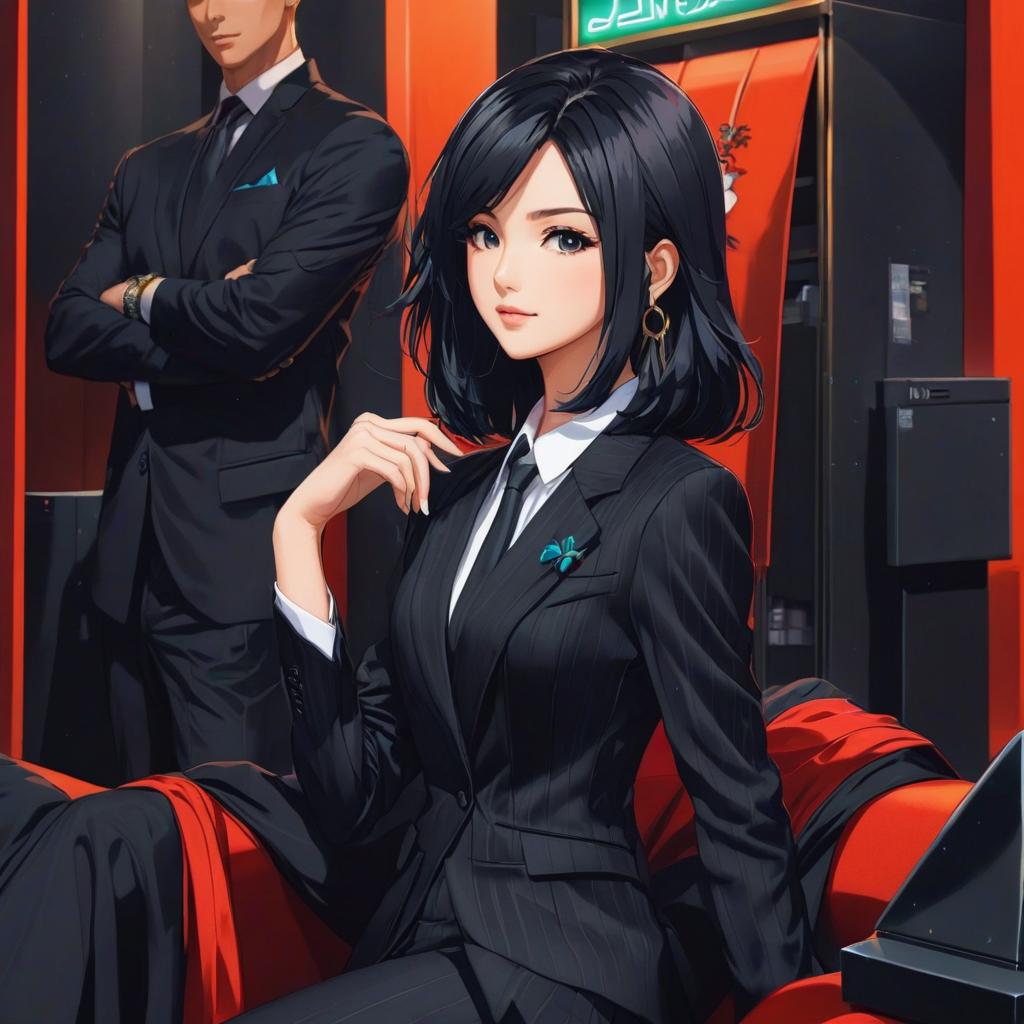  a lovely black hair in a black suit, anime artwork, anime style, key visual, vibrant, studio anime, highly detailed