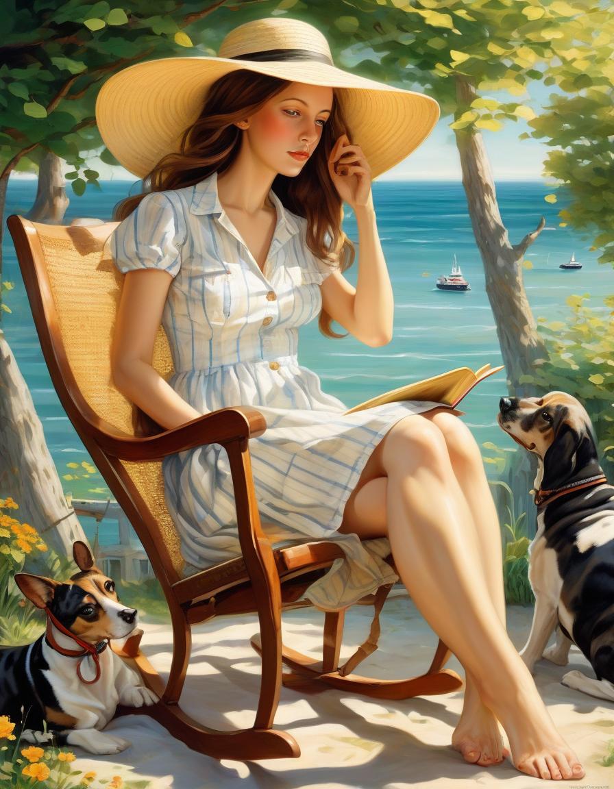  nautical themed the girl is very beautiful in the summer garden in a rocking chair reads a book, her hair is beautifully laid in her hair, a summer straw hat, a light cotton sundress, at the feet of the girl there is a hound, white with black spots, a sunny day, green trees are permeated with the sun, picturesque canvas, acrylic paints, . sea, ocean, ships, maritime, beach, marine life, highly detailed