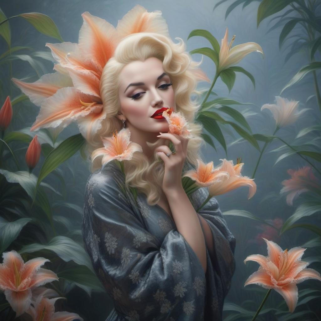  Art by Oscar Claude Monet, Marilyn Monroe with a lily in her hands hyperrealistic, full body, detailed clothing, highly detailed, cinematic lighting, stunningly beautiful, intricate, sharp focus, f/1. 8, 85mm, (centered image composition), (professionally color graded), ((bright soft diffused light)), volumetric fog, trending on instagram, trending on tumblr, HDR 4K, 8K