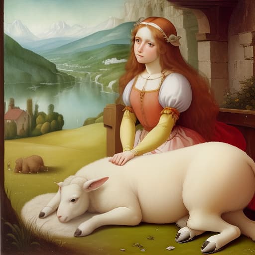  a masterpiece. (a beautiful gently strokes a lamb). painting. watercolors, leaks, stains. highly detailed strokes. (intensive close up: 1.5). highly detailed strokes, clarity. surrealism, fantasy, expressionism. (the style of artists raphael, leonardo da vinci, giorgione, ian, botticelli..), (watercolor painting) soft colors ,fluid strokes ,transparent layers