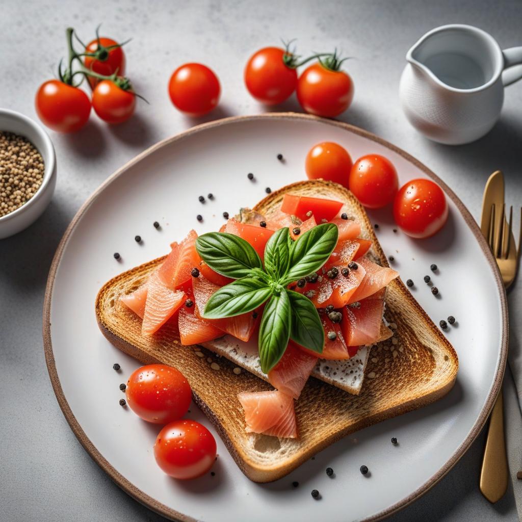  realistic close up portrait meal photo of (((Toast with tomato and smoked fish))), with (smoked fish filet, Pink sliced, Whole wheat bread, Black pepper), ((served in a white plate)), ((with white background)), (((Healthy Eating Plate))), (((Harvard Eating Plate))), ((food photography)), with macro lens, shallow depth of field, highly detailed, natural lighting, natural colors, photorealism, Canon EOS R3, nikon, f/1.4, ISO 200, 1/160s, 8K, RAW, unedited, in-frame hyperrealistic, full body, detailed clothing, highly detailed, cinematic lighting, stunningly beautiful, intricate, sharp focus, f/1. 8, 85mm, (centered image composition), (professionally color graded), ((bright soft diffused light)), volumetric fog, trending on instagram, trending on tumblr, HDR 4K, 8K