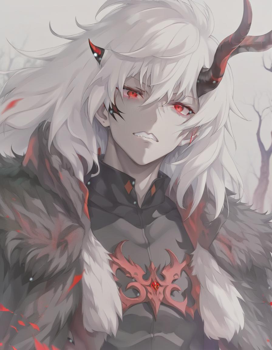  anime artwork man demon, white skin. red eyes, black hair, red horns, black fur coat, dense forest in the background . anime style, key visual, vibrant, studio anime, highly detailed