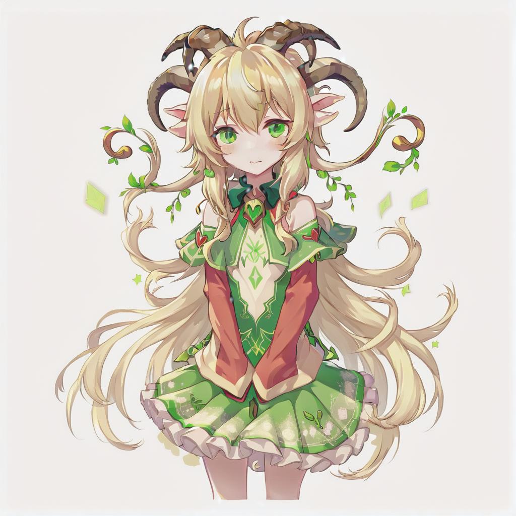  anime artwork anthropomorphic goat, blonde, long hair, curls, bangs, dressed in fairy core style, green eyes. a picture is an avatar for vitubing, neutral color background . anime style, key visual, vibrant, studio anime, highly detailed