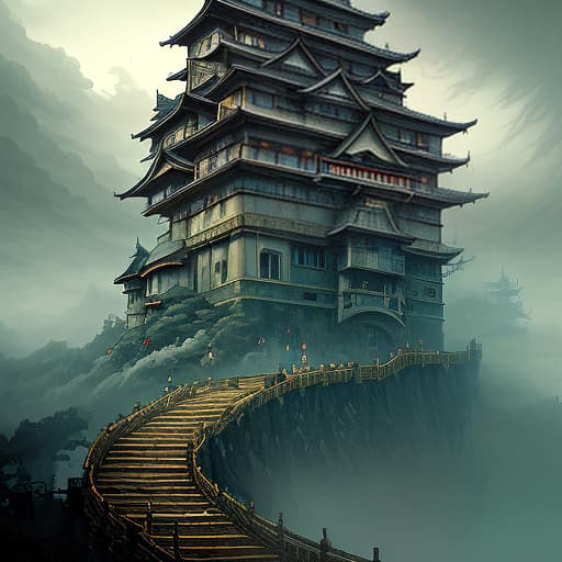  landscape, in the distance, a japanese castle to which 6 narrow stairs lead from different sides, which stands on a clockwork mechanism, a large gear, everywhere clouds, steam, cloudy weather, steampunk, blue sky, dark , creepy , blood , monsters , by jason engle , carlos huante , charlie bowater , simon lee , brom