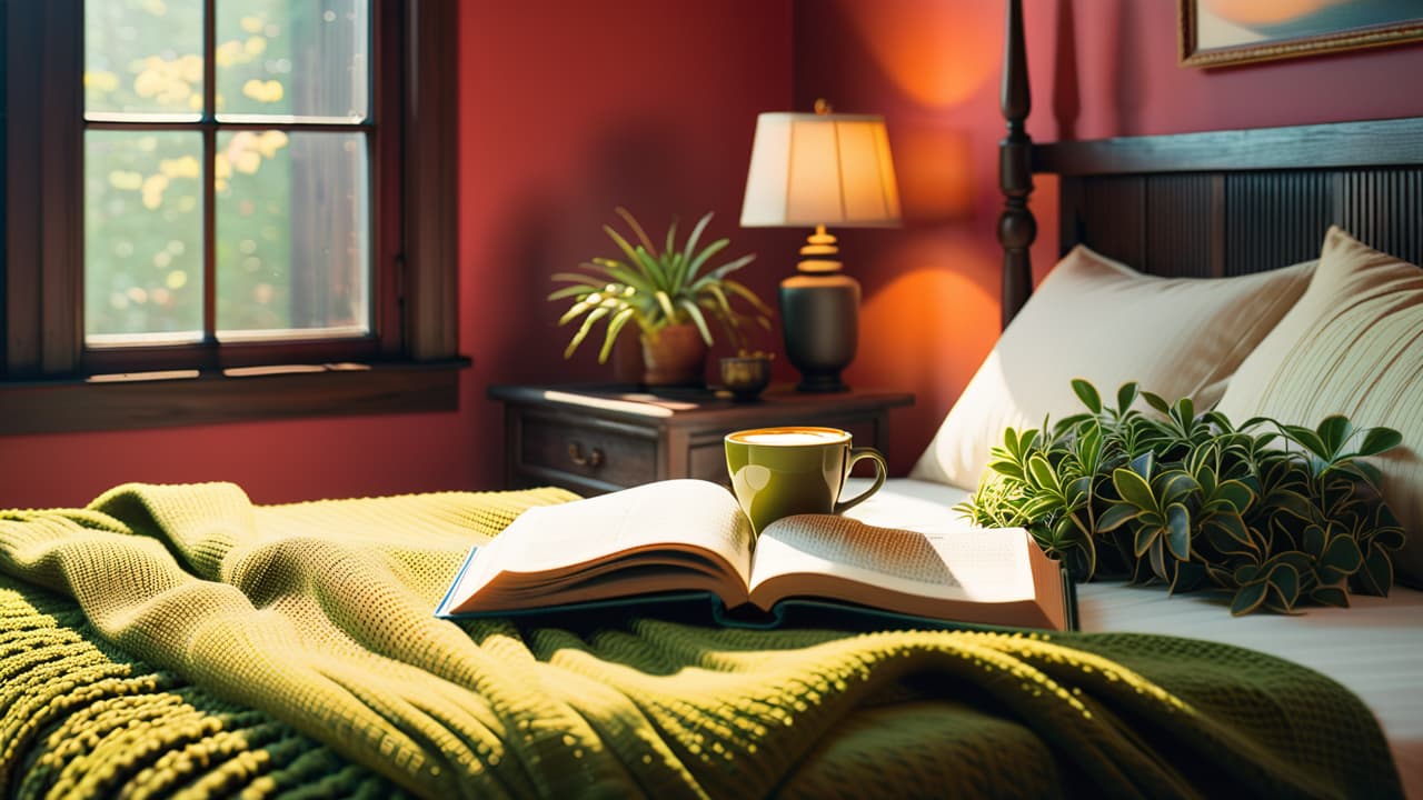  a serene sunrise illuminating a peaceful bedroom, with a cozy bed featuring soft, inviting blankets, a journal and pen on a nightstand, and a warm cup of herbal tea, surrounded by indoor plants. hyperrealistic, full body, detailed clothing, highly detailed, cinematic lighting, stunningly beautiful, intricate, sharp focus, f/1. 8, 85mm, (centered image composition), (professionally color graded), ((bright soft diffused light)), volumetric fog, trending on instagram, trending on tumblr, HDR 4K, 8K