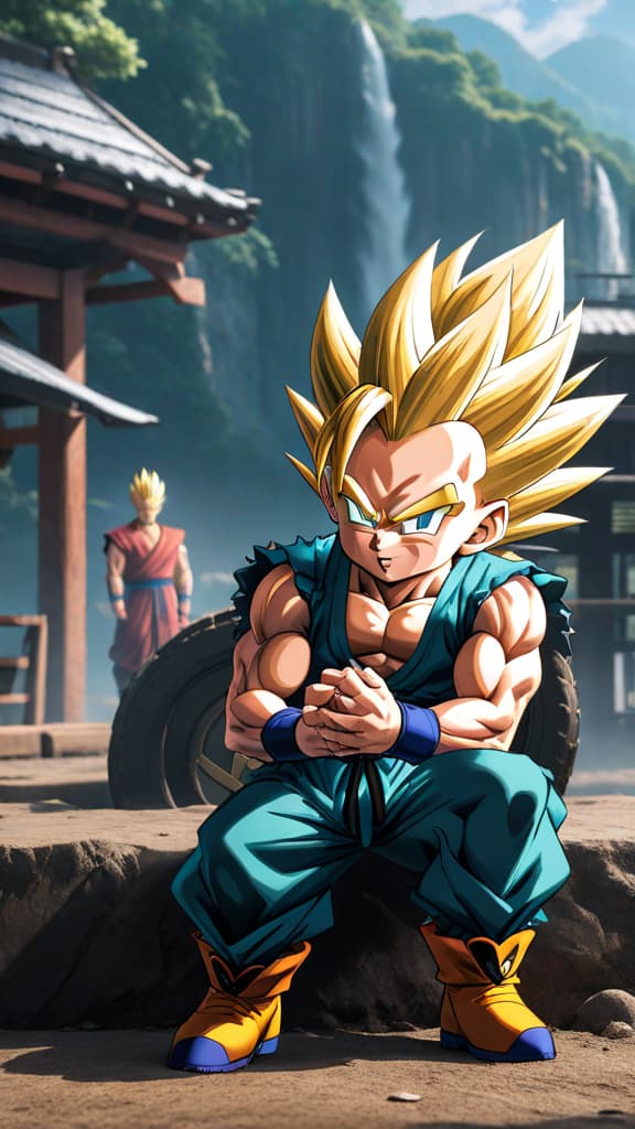  anime art: gotenks, the fusion of goten and trunks, showcasing incredible strength and wild techniques. hyperrealistic, full body, detailed clothing, highly detailed, cinematic lighting, stunningly beautiful, intricate, sharp focus, f/1. 8, 85mm, (centered image composition), (professionally color graded), ((bright soft diffused light)), volumetric fog, trending on instagram, trending on tumblr, HDR 4K, 8K