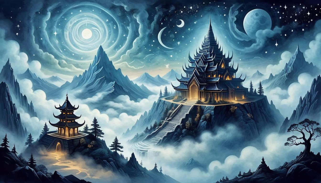  on parchment, surrealism+++, celestial temple on a mountain peak, surrounded by swirling fog, cryptic symbols glowing, night sky filled with stars, mystical, profound awareness(mysterious, provocative, symbolic,muted color)+++