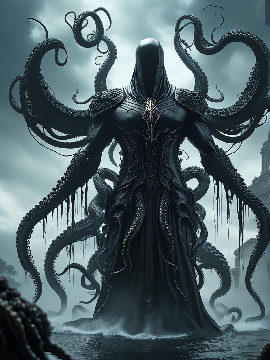  best quality, hd, an all black silhouette with white eyes with multiple sprawling eyes that floats and multiple tentacles coming out of the back it is an eldritch god with a body of a human floating eyes everywhere hyperrealistic, full body, detailed clothing, highly detailed, cinematic lighting, stunningly beautiful, intricate, sharp focus, f/1. 8, 85mm, (centered image composition), (professionally color graded), ((bright soft diffused light)), volumetric fog, trending on instagram, trending on tumblr, HDR 4K, 8K