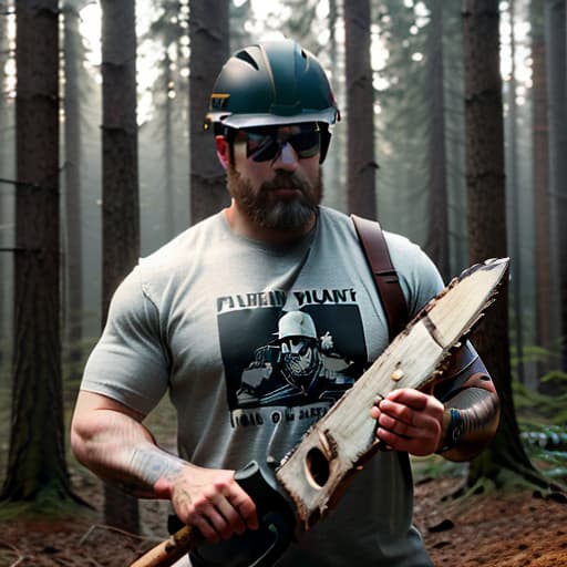  A brutal man, a lumberjack, wearing a helmet, with dark glasses, holding a stick. hyperrealistic, full body, detailed clothing, highly detailed, cinematic lighting, stunningly beautiful, intricate, sharp focus, f/1. 8, 85mm, (centered image composition), (professionally color graded), ((bright soft diffused light)), volumetric fog, trending on instagram, trending on tumblr, HDR 4K, 8K