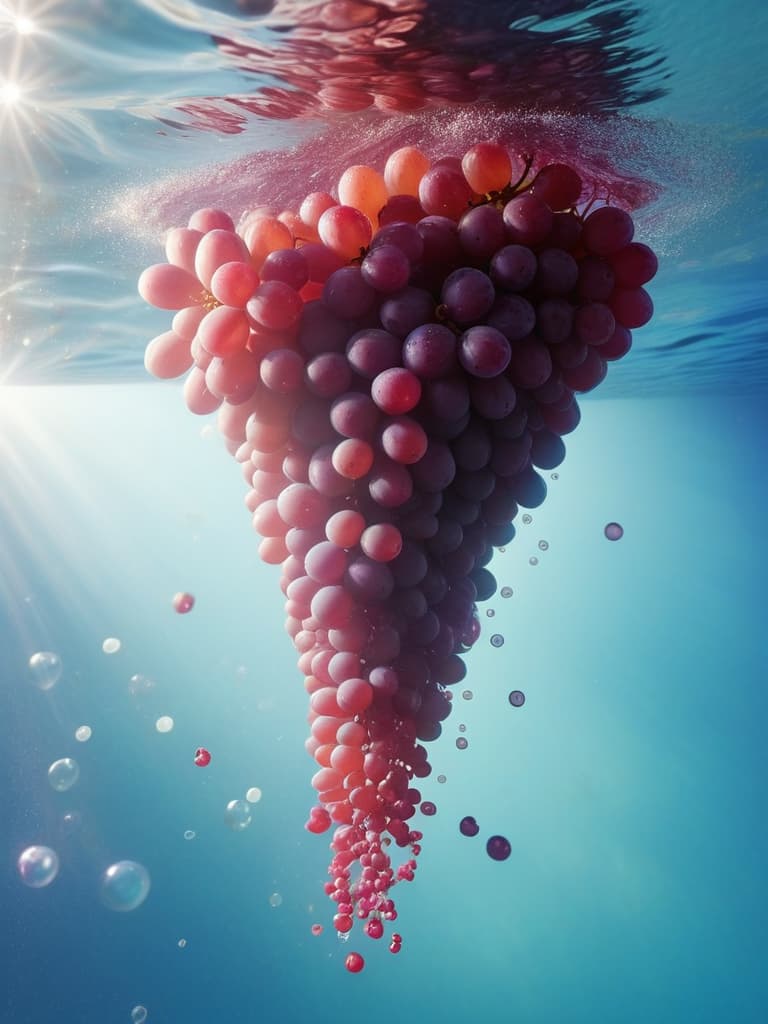  grapes, splattered water flowers, water plume, underwater light, grape contour, instant capture, fuzzy movement. clear water surface, underwater bubbles, reflecting light, fruit colour