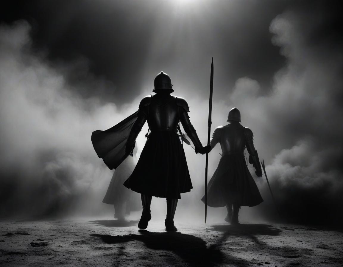  film noir style angels are young men in armor, without faces, many, each with a spear in his hand, fighting in the fiery heavens, red lightning. . monochrome, high contrast, dramatic shadows, 1940s style, mysterious, cinematic