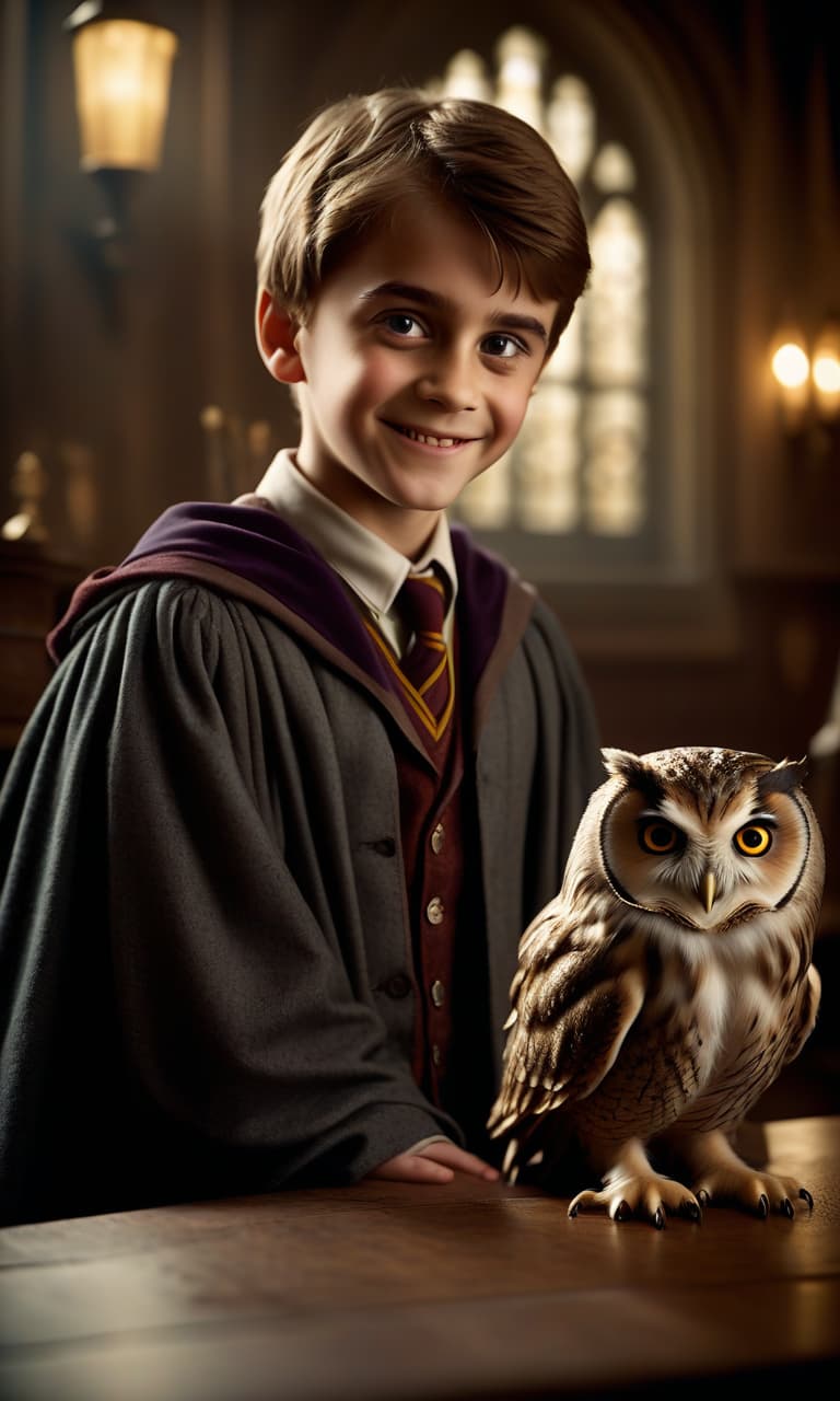  cinematic film still the little student from hogwarts sits at the table and smiles. an owl next to him. . shallow depth of field, vignette, highly detailed, high budget, bokeh, cinemascope, moody, epic, gorgeous, film grain, grainy