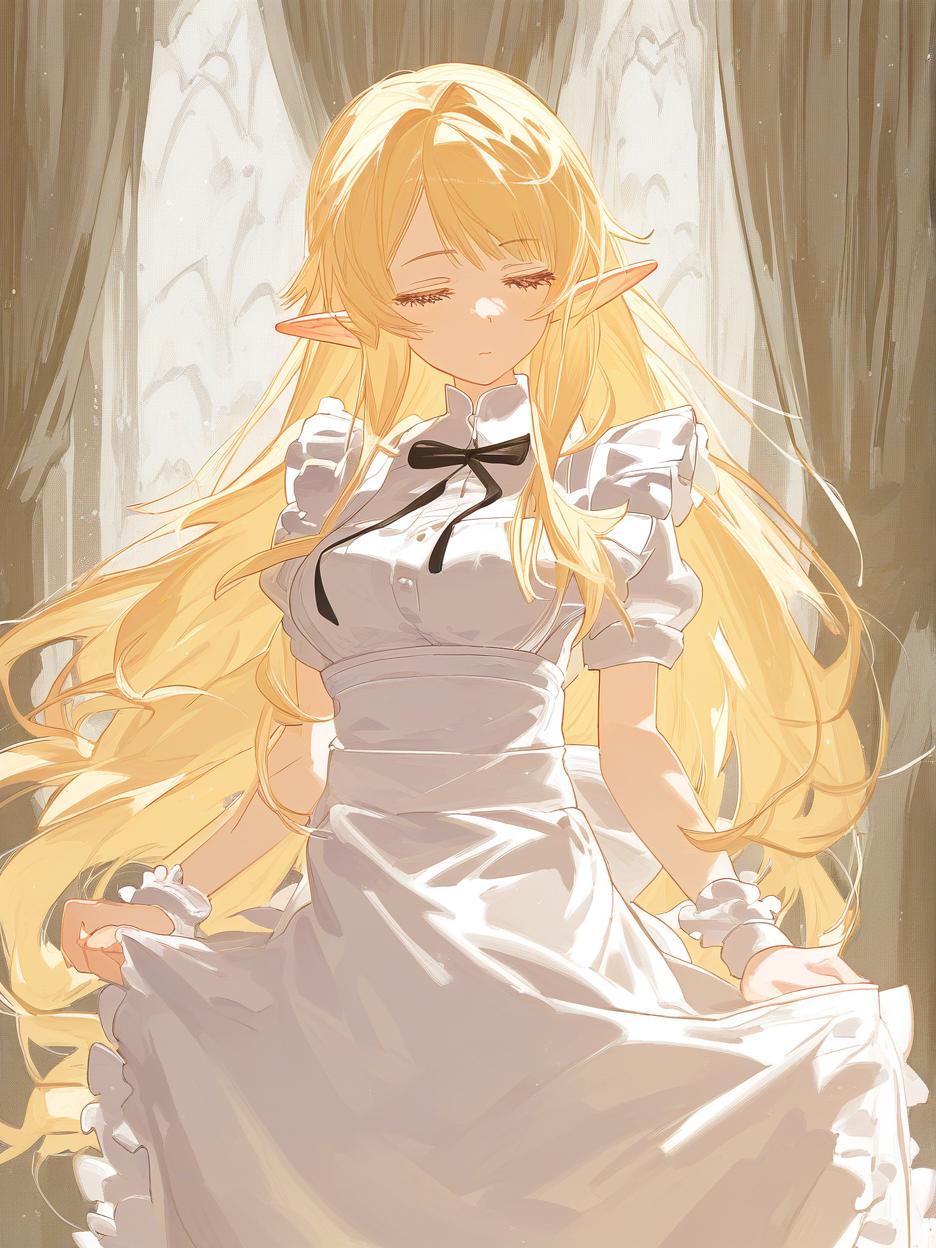  elf anime blonde hair long hair tall lady maid own self . best quality, high resolution