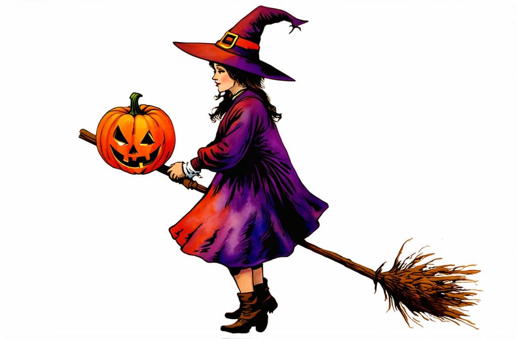  artwork hand drawn watercolor halloween witch on a broom isolated on white background ar 3:2, watercolor techniques, featuring fluid colors, subtle gradients, transparency associated with watercolor art