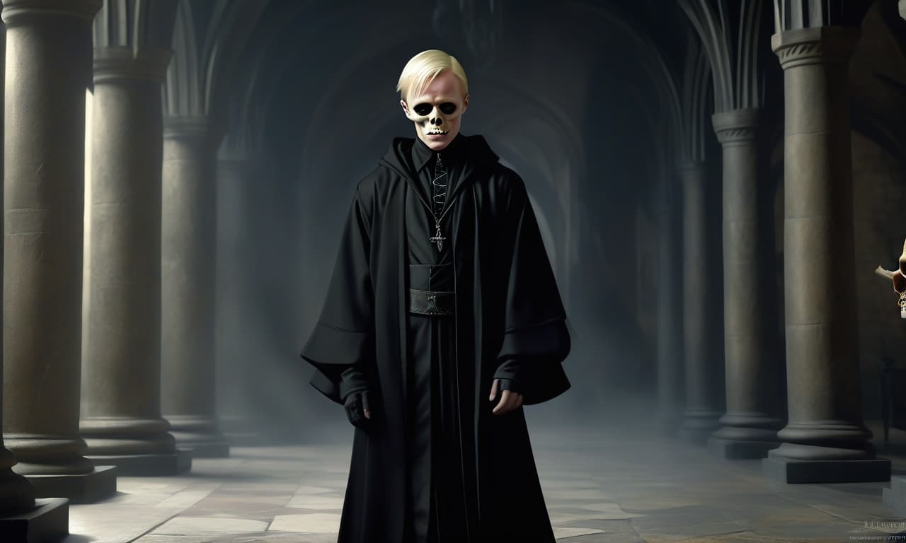  concept art draco malfoy hogwarts, young aristocrat, magical black robe, skull mask . digital artwork, illustrative, painterly, matte painting, highly detailed