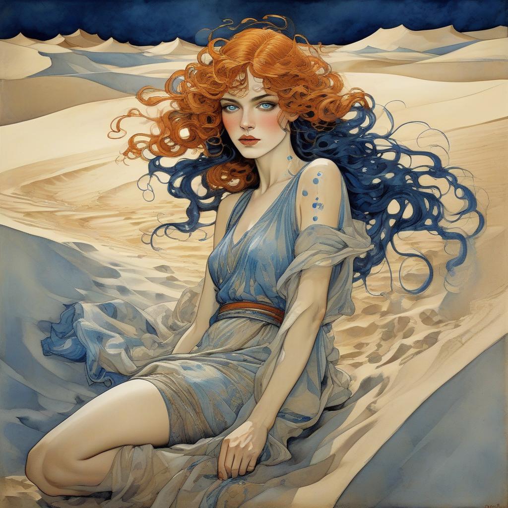  mucha paint a beautiful woman in sand desert stormy, watercolor and ink imperial colors, art deco by annigoni, egon schiele, milo manara, botticelli, catrin welz stein, jean metzinger, klimt, perfect eyes, perfect handsface, highly detailed, splatter, dynamic pose, dark blue background